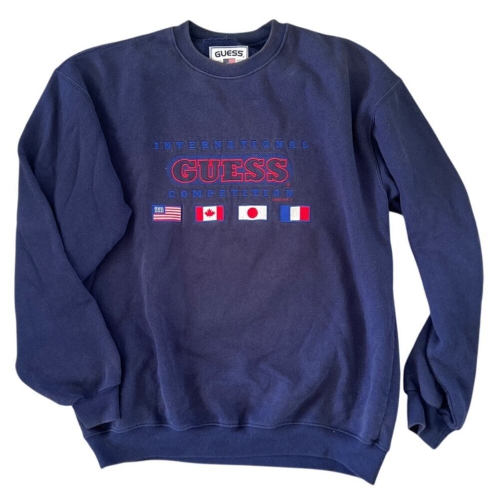 Vintage Y2K Guess Sport International Blue Sweatshirt XL USA Embroidery Spellout